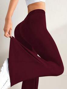 Easithlete 女士纯色修身高腰喇叭裤舒适透气瑜伽裤 - 酒紅色 - 查看 4