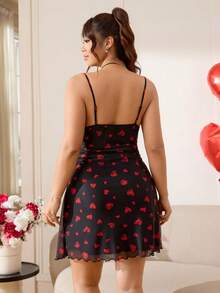 Solflare 2026春夏情人节新款休闲户外日常派对约会生日场合黑色网纱红色爱心印花吊带褶皱腰短款修身A字大码连衣裙 - 彩色 - 查看 2