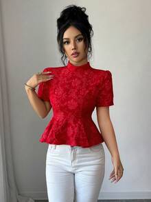 Elenzga 女士立领提花纹理面料束腰喇叭下摆衬衫，饰有蝴蝶结，优雅精致，适合生日、约会、派对、正式场合、情人节、复活节、劳动节、教师节、新年、春季等场合。 - 紅色 - 查看 7