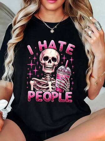 SHEIN CURVE+ "I Hate People" English Letter Print, Pink Drink And Star-Decorated Summer Women's Round-Neck T-Shirt