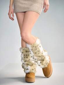 ROMWE Goth 1 Paar braune Y2K Babe Kawaii süße Leoparden Muster Fellbeinwärmer, modisches & simples Design, geeignet für Uni, Einkaufen, Pendeln, Musikfestivals, Dates, Streetwear - Braun - Übersicht 4