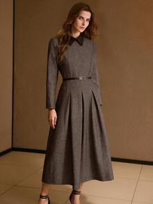 MOTF PREMIUM WOMEN'S CONTRAST COLLAR FOLD PLEATED DRESS - Brown - View 4