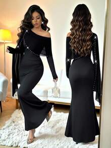 Rafferiza 这款女士露肩不规则网纱连衣裙饰有飘逸的珍珠装饰，紧身收腰，尽显曼妙身姿。它是一款优雅的派对礼服，也是一款时尚优雅的黑色紧身连衣裙，适合日常穿着、婚礼、宴会、通勤、毕业派对、节日庆典、度假、约会、聚会、万圣节、圣诞节、新年和感恩节等场合。 - 黑色 - 查看 1