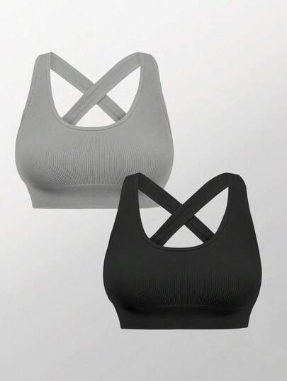 SHEIN Velisys 2PCS Women's Solid Color Ribbed Criss-Cross Back Seamless Everyday Fitness Sports Bra Workout Bra Tops Ribbed Sports Bra Seamless Sports Bra Criss Cross Sports Bra