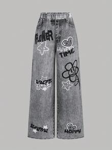 SHEIN Girlism 少女休闲街头风修身不对称下摆长袖上衣搭配宽松阔腿牛仔印花涂鸦图案裤子两件套，返校季，甜美酷炫女孩，时尚个性 - 白色 - 查看 8