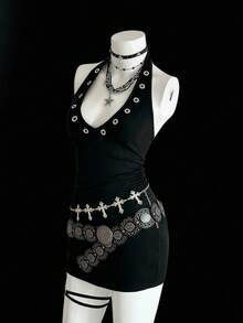 EgrlEra Metal Studded Deep V-Neck Sleeveless Mini Dress For Women - Black - View 5