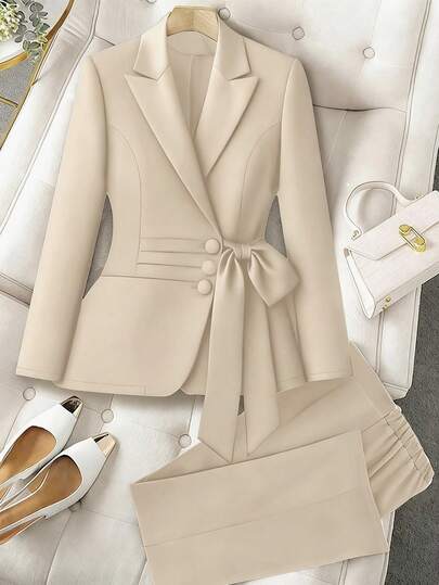 GlowEve CURVE Plus Size Women Solid Color Lapel Blazer And Pants Elegant Business Suit Set