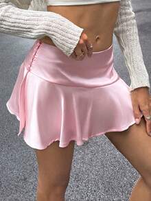SHEIN EZwear Women's Light Pink Ruffle Hem Mini Skirt With Faux Pearl Buttons Pink Skirt Women Satin Skirt Cute Skirt - Baby Pink - View 1