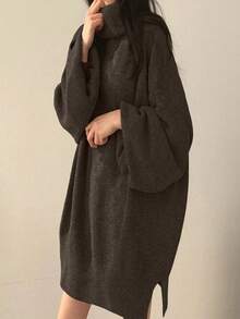 EMERY ROSE 女式纯色高领开衩宽松时尚毛衣裙