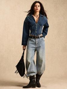 Easelle 女士纯色复古落肩长袖修身拉链牛仔上衣 - 深色水洗藍 - 查看 8