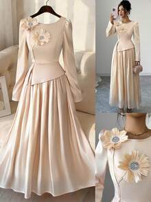 Modelyn Apricot 3D Floral Jacquard Top + Glossy Fabric Skirt 2 Pieces Set - Apricot - View 1