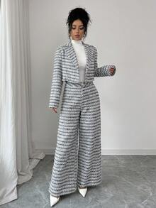 Modelyn 女款優雅灰色秋季辦公室穿著梭織粗花呢兩件套，長袖翻領夾克開襟衫與寬腿直筒褲休閒套裝 - 黑色 - 查看 5