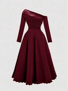 SHEIN MOD Đầm trễ vai phối ren màu đỏ tía cổ điển cỡ lớn dành cho phụ nữ - Màu Đỏ Sâu - Xem 2