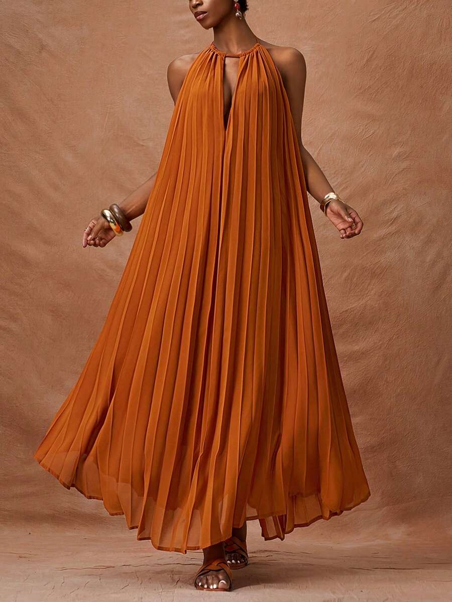 Zivah 2026春夏新款音乐节、复活节、圣帕特里克节、情人节、约会、西部风情、游牧风、生日派对、毕业典礼、大学、学生、日常休闲、基础款、休闲、度假、邮轮、海滩、日光浴、爆款、街头风、婚礼宾客、波西米亚风、通勤、早午餐、机场、派对、假日郊游、办公室着装 露背系带无袖A字长款褶皱飘逸黄色雪纺连衣裙 - 黃色 - 查看 1