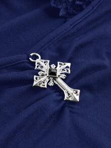 ROMWE Grunge Punk Gothic Cross Pendant Lace Patchwork Mock Neck Fitted Women T-Shirt - Blue - View 3