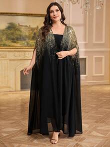 SHEIN Clasi Plus Size Women Shiny Batwing Sleeve Cardigan And Slip Dress Elegant 2 Pieces Set Modest Sets - Black - View 6
