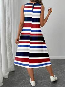 SHEIN LUNE 女士休闲条纹印花中长连衣裙，适合春夏穿着 - 彩色 - 查看 3