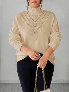 Elenzga Suéter de cuello en V de unicolor para mujer de talla grande, para invierno - Caqui - Ver 8