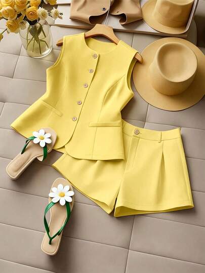 GlowEve CURVE Plus Size Women's Fashion Contrast Color Vest & Shorts 2-Piece Suit Set, Shirt, Orange/Apricot Waistcoat With Button, Fabric Texture Striped Pleated Collar & Cuff Design, Suitable For Back To School, Graduation, Valentine's Day, Music Festival, Mother's Day, Halloween, Thanksgiving, Easter, National Day, Gala, Date Party, Wedding Season, Outdoor Excursion Summer Clothes Set Yellow Sets For Women Women Summer 2 Pieces Sets Yellow Two Piece Sets Short Suit Set Women Plus Size Elegant Grey Woven Fa