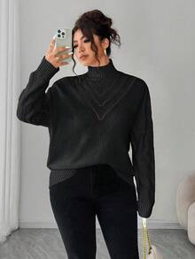 Elenzga Jersey de cuello en V de unicolor talla grande para mujer, invierno - Negro - Ver 5
