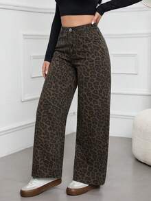 SHEIN ICON Women's High Waist Leopard Print Pocket Wide Leg Loose Casual Denim Pants - Multicolor - View 4