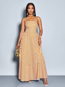 SOLERSUN فستان ماكسي مخطط مع أربطة الكتف، جيوب، وتجميع الصدر، مناسب للعطلات، الشاطئ، التنقل، والارتداء اليومي العادي (زهور عشوائية) - لون برتقالي - مشاهدة 4