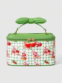 Strawberry Shortcake | ROMWE Bolsa de cosméticos portátil con asa, con diseño de patrón de dibujos animados lindo y acolchado para mujer - Verde - Ver 2