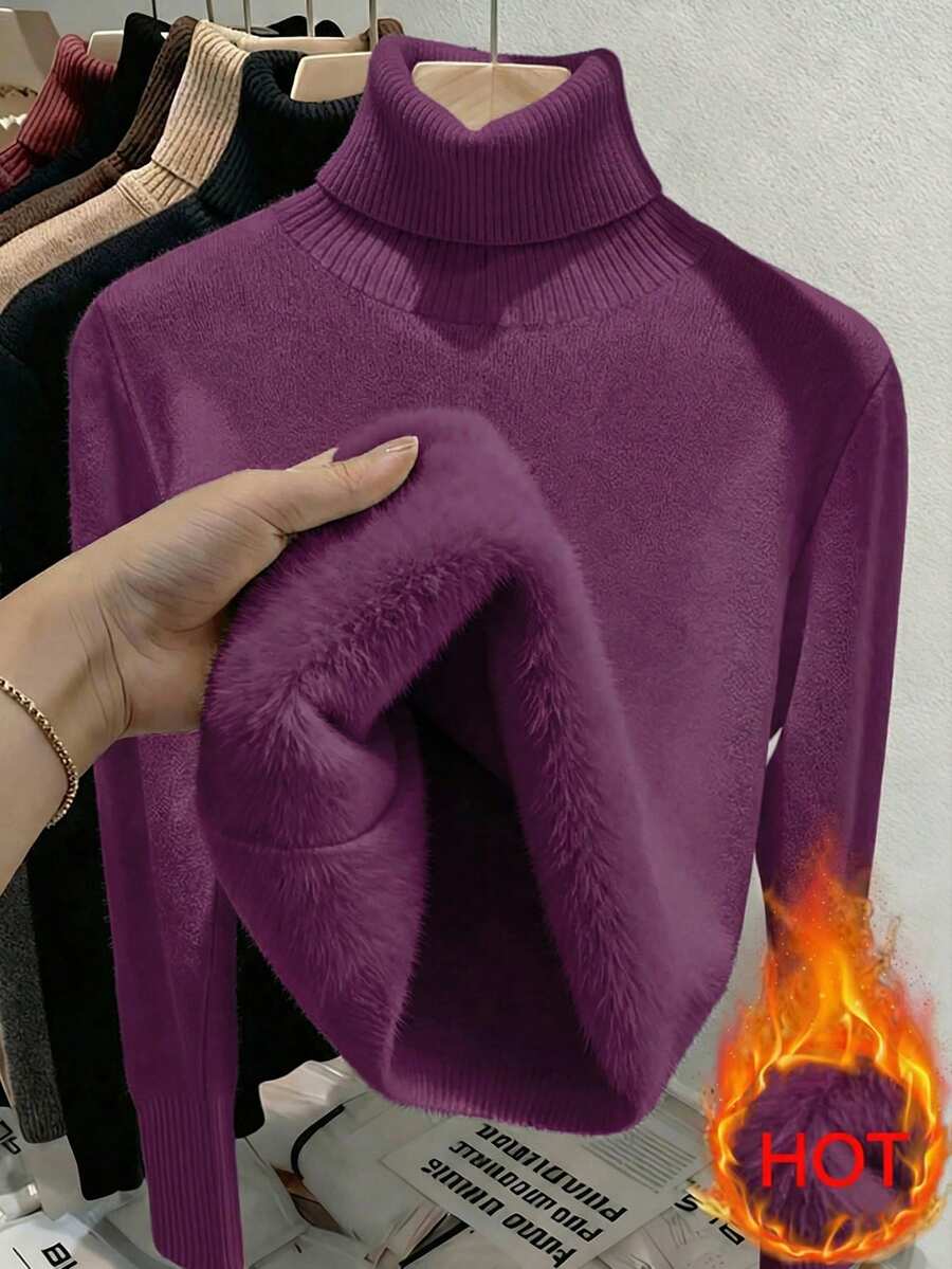 Franclia 时尚百搭高领厚款无缝修身长袖针织毛衣，百搭秋冬 - 紫色 - 查看 1