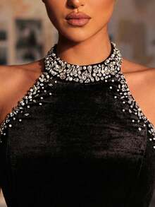 Glamrae Elegant Luxurious Beaded Off Shoulder Long Sleeve Stretch Velvet Mermaid Dress, Suitable For Weddings, Parties, Vacations, Balls, Formal Events (Heavy Embellishment) Black - Black - View 3