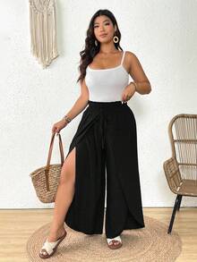 SHEIN Frenchy 大码女式纯色腰带开衩阔腿裤 - 黑色 - 查看 6