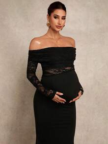 MaterniChic Maternity Clothes Maternity  Dress Summer Pregnant Clothes Black Maternity Dress With High Elasticity Lace, Elegant Party Look Maternity Contrast Lace Off-Shoulder Long Sleeve Fitted Elegant Dress Elegant Dresses For Party - Black - View 6