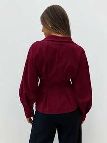 Siren Gaze Women's Metal Buckle V-Neck Long Sleeve Cinched Waist Shirt, New Autumn/Winter Design Spring Valentine's Day Elegant Red Burgundy Blouse Lantern Sleeve Blouse - Burgundy - View 2