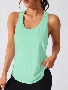 Easithlete Áo tank top thể thao nữ màu trơn, kiểu dáng racerback, thích hợp mặc hàng ngày. - Màu xanh Bạc hà - Xem 2