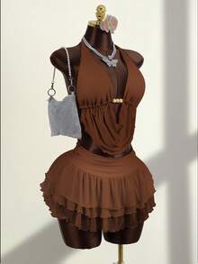 Zestiva Bộ đồ bơi 3 món dành cho nữ gồm áo bikini buộc dây phía trước đính hạt và chân váy xếp ly cạp cao, thích hợp cho mùa xuân/hè. - màu nâu - Xem 3