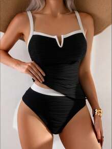 Swim Lushoire 女士纯色纹理面料撞色吊带比基尼两件套，沙滩度假 - 黑與白 - 查看 3