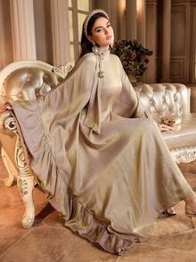 Al Najma 女士纯色高领荷叶边拼接蝙蝠袖宽松阿拉伯风格连衣裙 - 黑色 - 查看 5