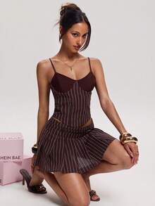 SHEIN BAE 春夏女装时尚性感棕色条纹印花纽扣迷你裙，棕色条纹裙，百褶条纹裙，百搭半身裙，情人节、通勤、外出穿着，时尚单品，休闲半身裙，Y2K风格 - 棕色 - 查看 7