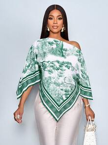 SOLERSUN 女士秋冬休闲优雅不对称领长袖不对称下摆衬衫，时尚复古日落假日印花蝙蝠袖上衣，新款上市，百搭，适合秋冬、日常通勤、外出穿着 - 墨綠色 - 查看 5