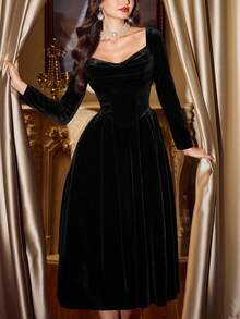 Vintamour 复古优雅女士丝绒连衣裙，带口袋，长袖，适合派对/节日/鸡尾酒会，秋季女装，万圣节服装，冬季服装，圣诞节冬季连衣裙，秋季女装，万圣节服装，圣诞节服装，圣诞派对连衣裙，新年连衣裙，感恩节服装，优雅派对连衣裙 - 黑色 - 查看 6