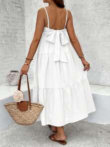 Maternity Solid Color Bowknot Decor Cami Dress - White - View 3