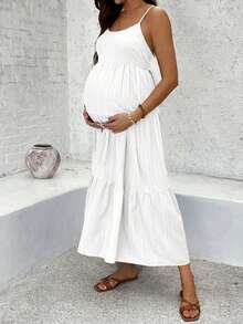 Maternity Solid Color Bowknot Decor Cami Dress - White - View 7