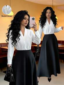 Elenzga 女士珍珠装饰纽扣袖口长袖休闲优雅衬衫，适合通勤、秋季、春季和冬季穿着。 - 白色 - 查看 1