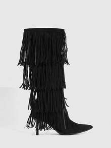 CUCCOO SZL Women's Pointed Toe Fringe Design Fashionable Elegant High Heel Knee-High Boots Valentine's Day - Black - View 2