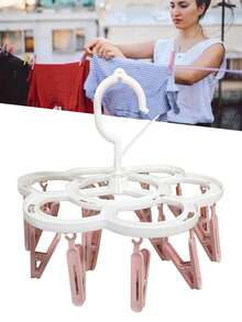SHEIN 16 Clips Portable Socks Cloth Hanger Rack Clothespin Folding Multifunctional Wardrobe Storage Cloth Hangers Plastic Drying Racks - Pink - View 4