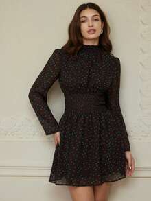 Revavyn 撞色印花雪纺立领抽绳腰A字长袖优雅浪漫女装 - 咖啡 - 查看 3