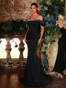 Glamrae 优雅黑色高弹针织极简露肩奢华手工串珠高腰修身美人鱼尾拖尾正式礼服，适合所有正式场合，正式晚礼服 - 黑色 - 查看 6