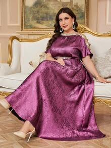 Reflora Plus Size Women's Elegant Dark Purple Satin Dress,Winter Formal Patchwork Ribbon Trim Hollow Out Design,Modest Party Wedding Guest Long Midi Dress - Purple - View 2