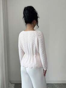 Rafferiza Women's Hollow Out Drawstring Knit Pullover Sweater Knit Tops Knit Top Women Lace Long Sleeve Sweater Sets For Women Knit Two Piece Set - Pink - View 2