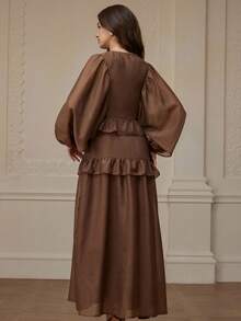 Revavyn Autumn/Winter New Women's Lantern Sleeve Solid Coffee Color Shiny Chiffon Loose Round Neck Versatile Layered Ruffle Hem Long Sleeve Flowing Dress - Brown - View 6