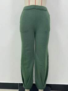 SHEIN LUNE 女士纯色简约日常短袖长裤宽松休闲毛衣套装 - 綠色 - 查看 3